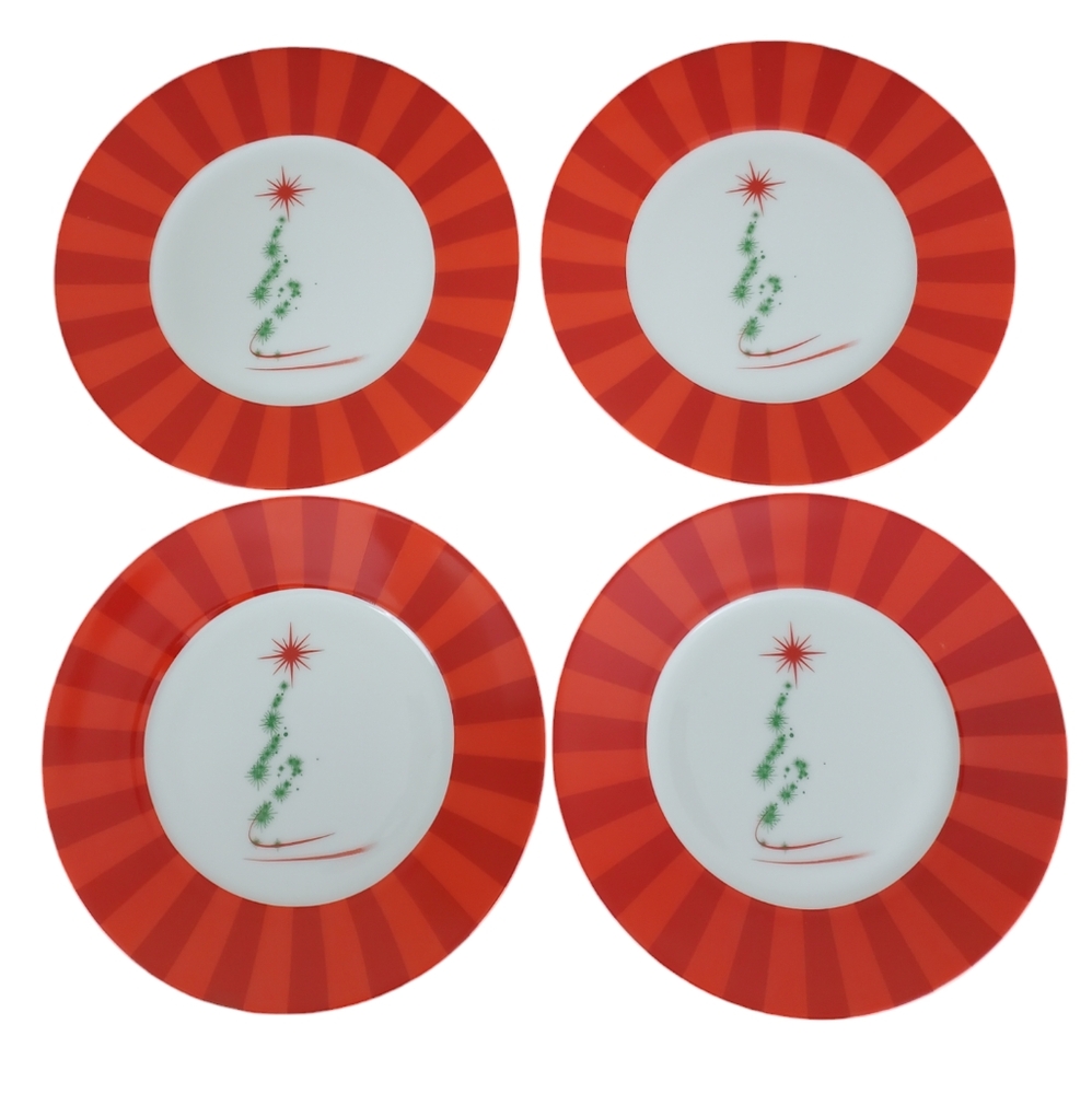 CIB CERAMIC 6" CHRISTMAS TREE HOLIDAY DESSERT PLATES PRE-OWNED IN BOX SET OF 4